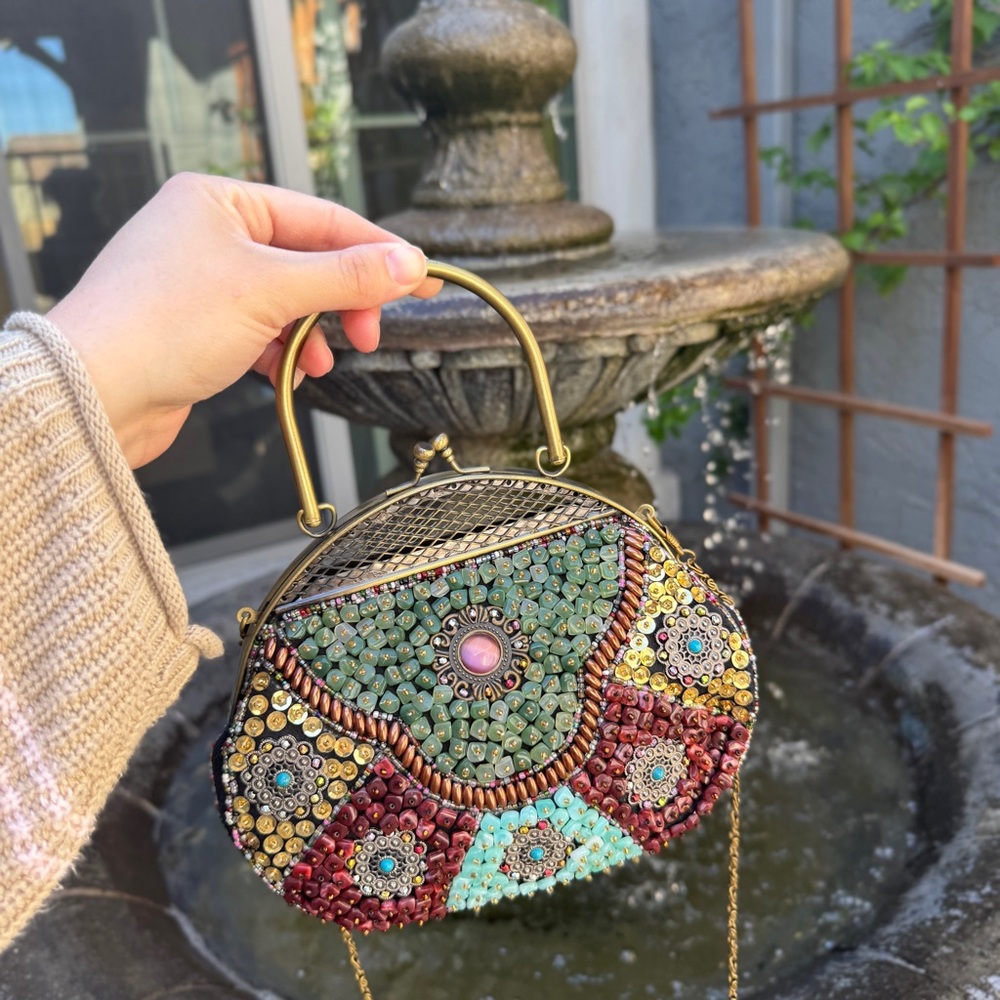 Vintage Handmade 1920s Style Beaded Stone Brass Kisslock Chain Shoulder Bag - Picture 2 of 12
